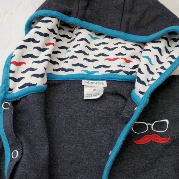 Absorba Button Up Mustache Hoodie 12 Month Baby Boy Blue and Red - Picture 3 of 4